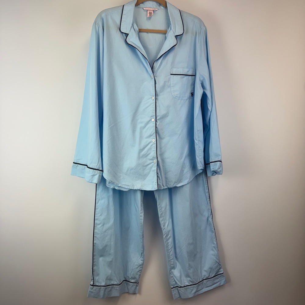 Victoria Secret Pajama Set L Blue Cotton Long Sleeve Button Up Pants Piping